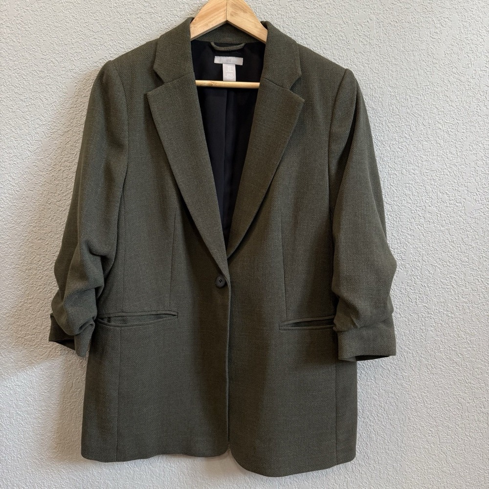 H&M Gathered Sleeve Blazer Olive Green M
